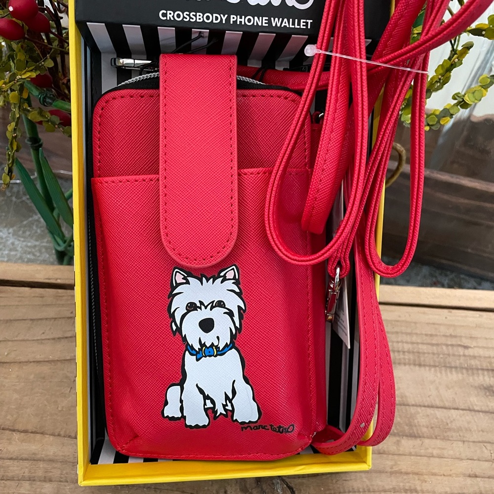 MARC TETRO RED “WHITE BICHON” CROSSBODY PHONE WALLET